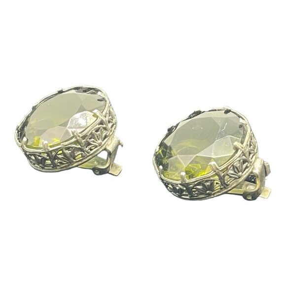 Vintage Made in Austria Dark Green Headlight Silver-tone Clip on Earrings HTF - Picture 4 of 16